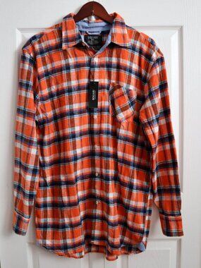 Bogari Italy Orange & Blue Plaid Flannel Shirt Men's XL Soft Cotton Blend NEW
